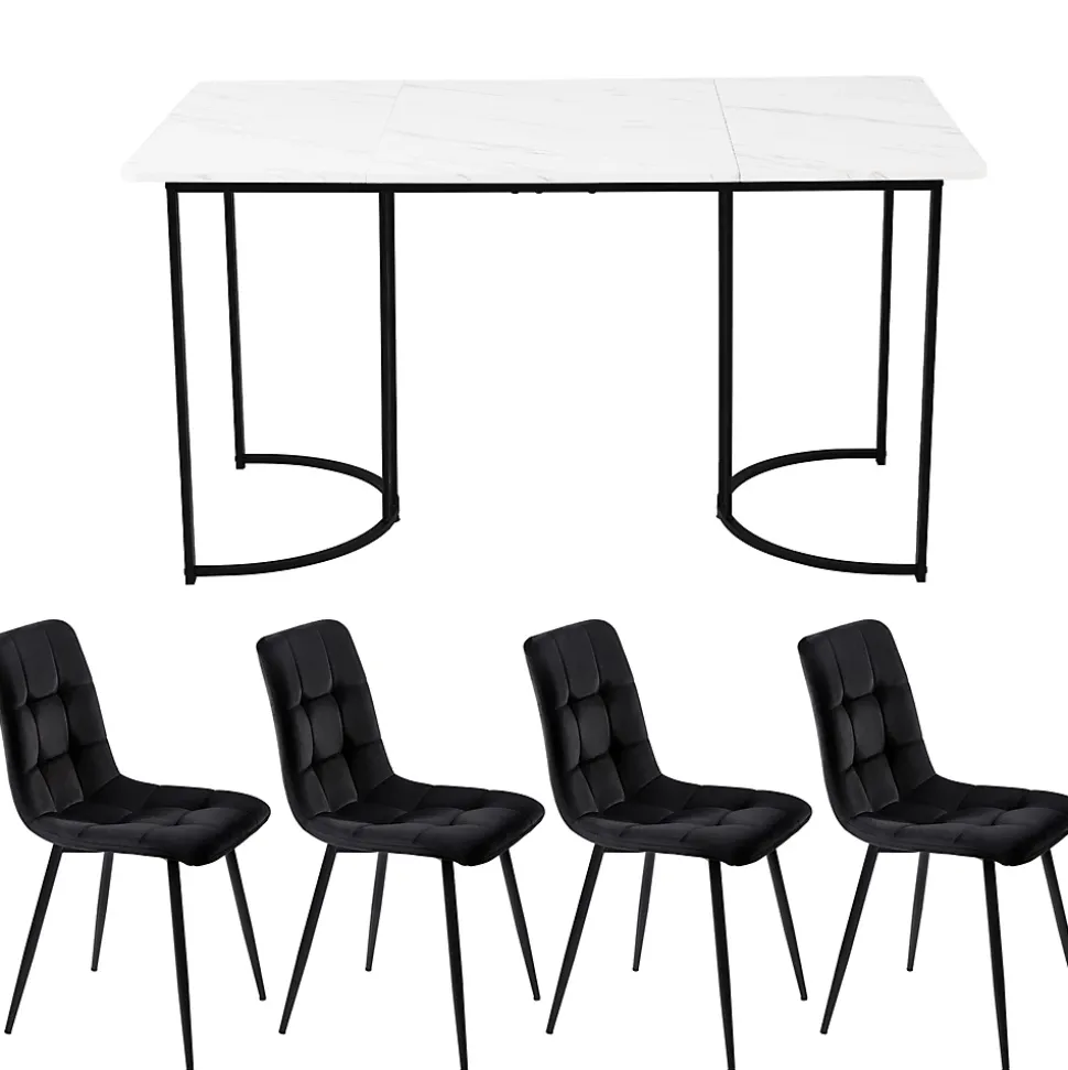 Ensemble table et chaises 140x80x75 cm avec 4 chaises, rectangulaire MDF effet marbre et assise velours