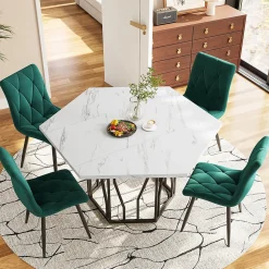 Ensemble table et chaises 115,5x100x75 cm table hexagonale marbre blanc métal avec 4 chaises velours vert