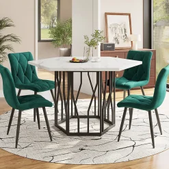 Ensemble table et chaises 115,5x100x75 cm table hexagonale marbre blanc métal avec 4 chaises velours vert