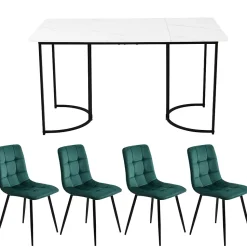 Ensemble table et chaises 140x80x75 cm avec 4 chaises, table rectangulaire MDF motif marbre, chaises velours