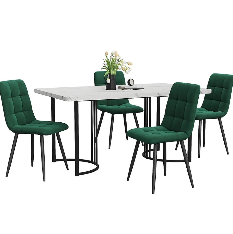 Ensemble table et chaises 140x80x75 cm avec 4 chaises, table rectangulaire MDF motif marbre, chaises velours