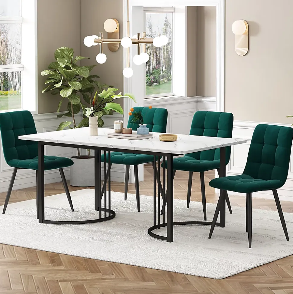 Ensemble table et chaises 140x80x75 cm avec 4 chaises, table rectangulaire MDF motif marbre, chaises velours