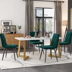 Ensemble Table et Chaises - Rectangulaire MDF avec 4 Chaises Velours à Motif Twill, Pieds Métal Doré, Blanc/Vert Foncé