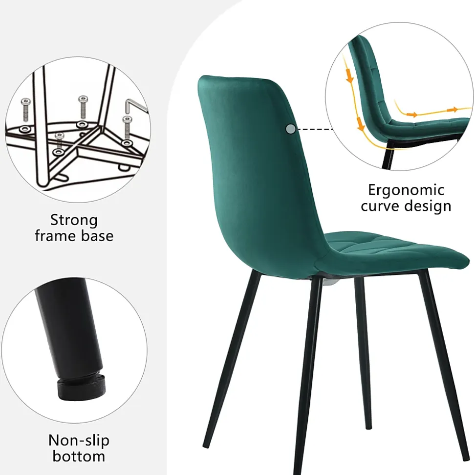 Ensemble Table et Chaises - Rectangulaire MDF avec 4 Chaises Velours à Motif Twill, Pieds Métal Doré, Blanc/Vert Foncé
