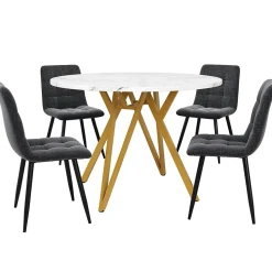 Ensemble table et chaises 100x76 cm table ronde plateau MDF marbre avec 4 chaises lin gris, pieds dorés