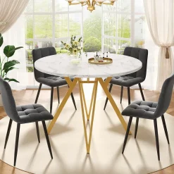 Ensemble table et chaises 100x76 cm table ronde plateau MDF marbre avec 4 chaises lin gris, pieds dorés