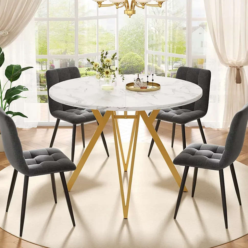 Ensemble table et chaises 100x76 cm table ronde plateau MDF marbre avec 4 chaises lin gris, pieds dorés