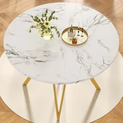 Ensemble table et chaises 100x76 cm table ronde plateau MDF marbre avec 4 chaises lin gris, pieds dorés