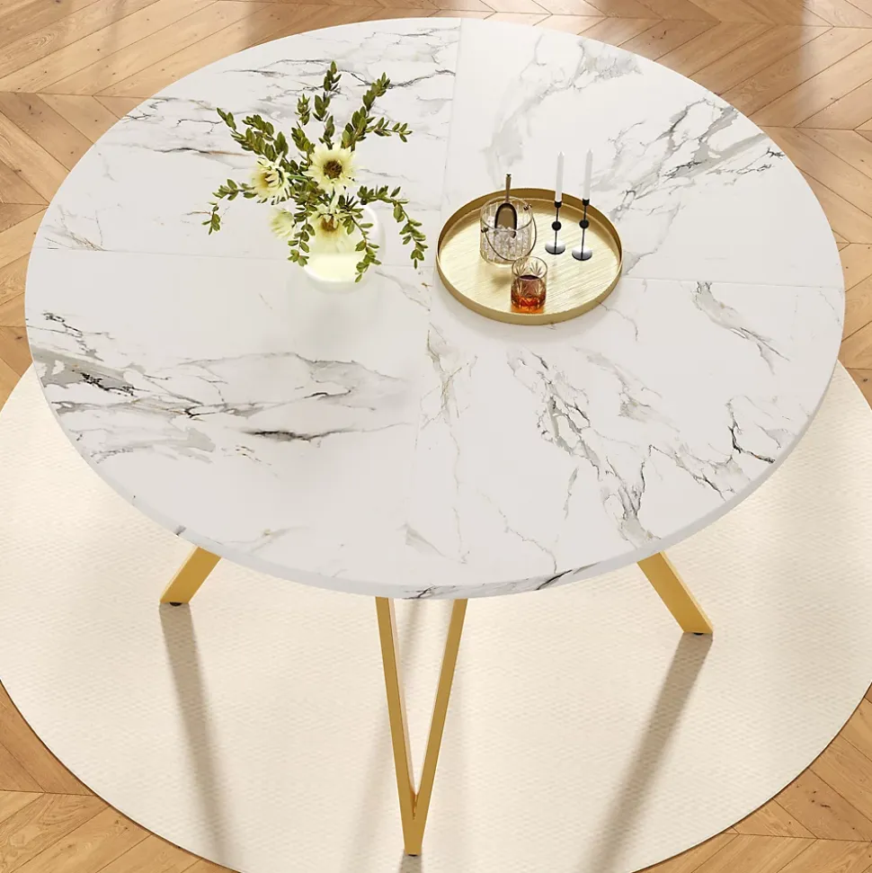 Ensemble table et chaises 100x76 cm table ronde plateau MDF marbre avec 4 chaises lin gris, pieds dorés