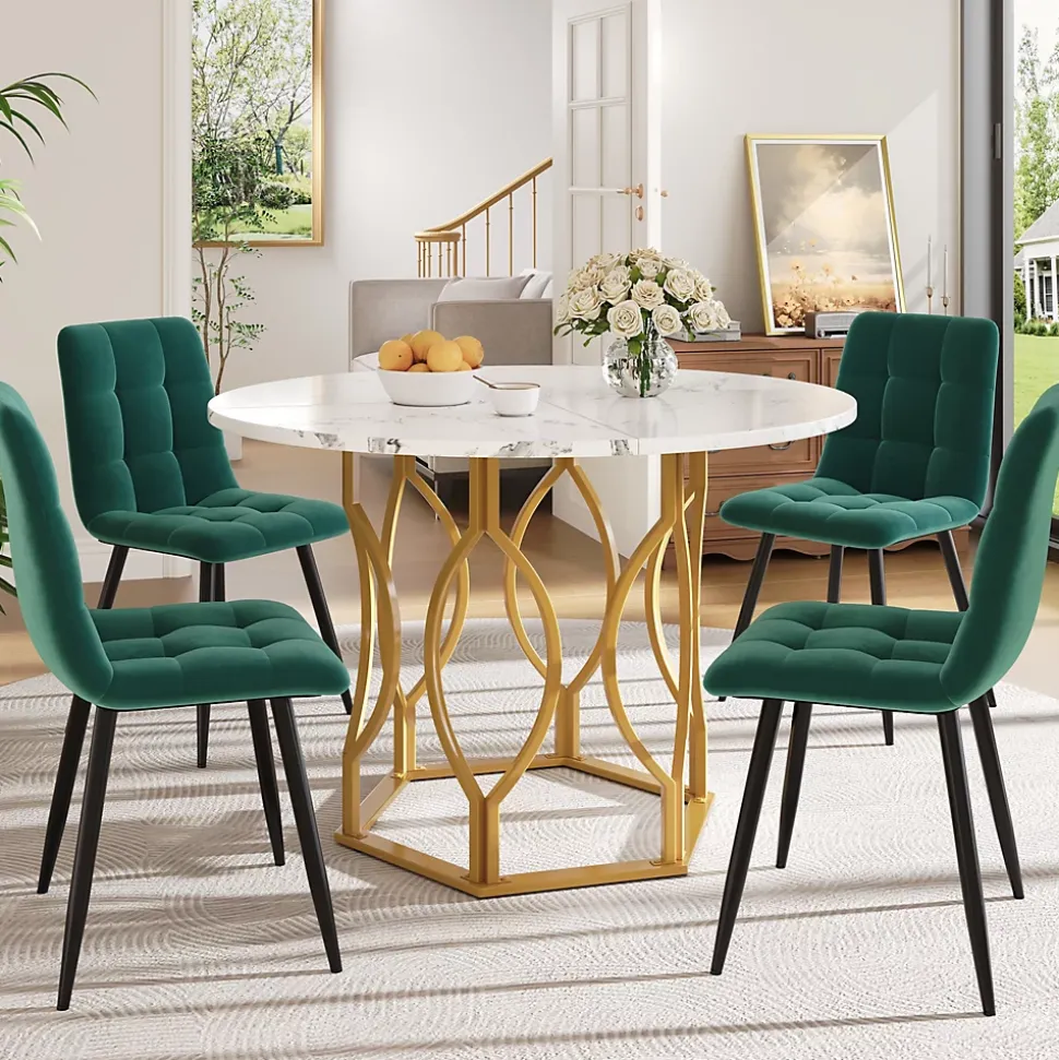 Ensemble table et chaises 100x76 cm table ronde plateau MDF marbré avec 4 chaises velours et pieds métal doré