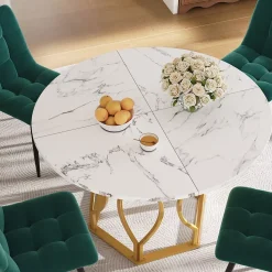 Ensemble table et chaises 100x76 cm table ronde plateau MDF marbré avec 4 chaises velours et pieds métal doré