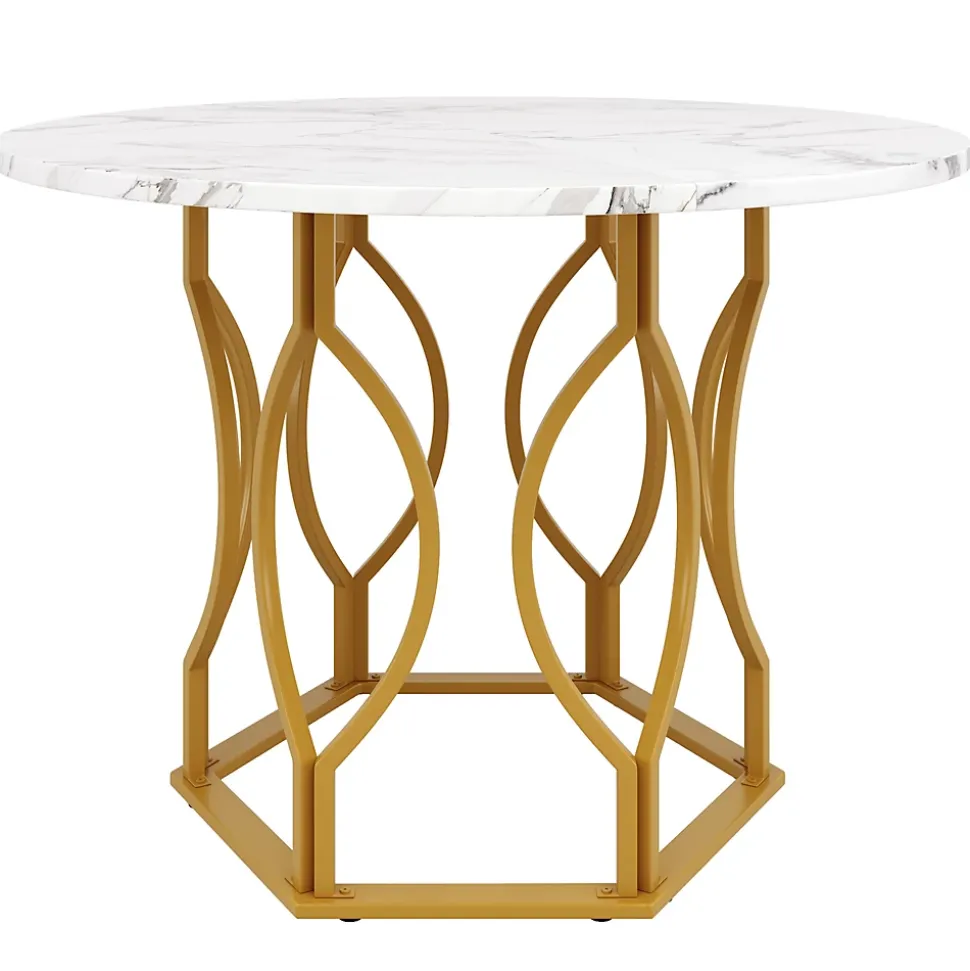 Ensemble table et chaises 100x76 cm table ronde plateau MDF marbré avec 4 chaises velours et pieds métal doré