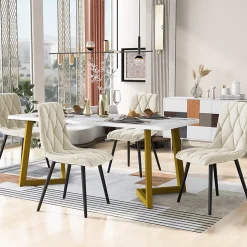 Ensemble table et chaises 117x68x75 cm avec 4 chaises rectangulaire plateau MDF effet marbre pieds métal doré