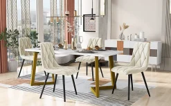 Ensemble table et chaises 117x68x75 cm avec 4 chaises rectangulaire plateau MDF effet marbre pieds métal doré