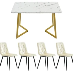 Ensemble table et chaises 117x68x75 cm avec 4 chaises rectangulaire plateau MDF effet marbre pieds métal doré