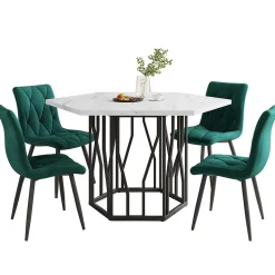 Ensemble Table et Chaises - Table Hexagonale et 4 Chaises Velours, Salle à Manger Moderne, Plateau Effet Marbre, Vert et Blanc