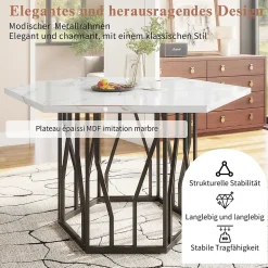 Ensemble Table et Chaises - Table Hexagonale et 4 Chaises Velours, Salle à Manger Moderne, Plateau Effet Marbre, Vert et Blanc