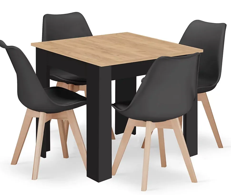Ensemble table et chaises VALORA Artisan avec 4 chaises RIXK, pieds noirs et naturels NP