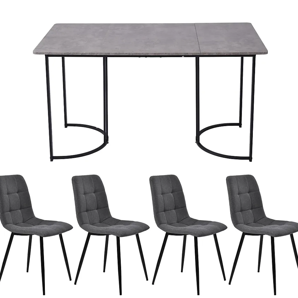 Ensemble table et chaises 140x80x75 cm avec 4 chaises, table rectangulaire MDF effet marbre gris et chaises en lin