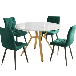 Ensemble Table et Chaises - Table Ronde et 4 Chaises Velours, Salle à Manger Moderne, Blanc et Vert