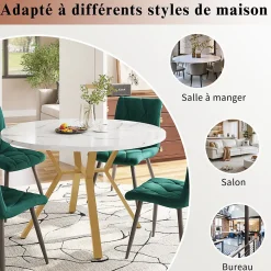 Ensemble Table et Chaises - Table Ronde et 4 Chaises Velours, Salle à Manger Moderne, Blanc et Vert