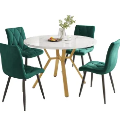 Ensemble Table et Chaises - Table Ronde et 4 Chaises Velours, Salle à Manger Moderne, Blanc et Vert