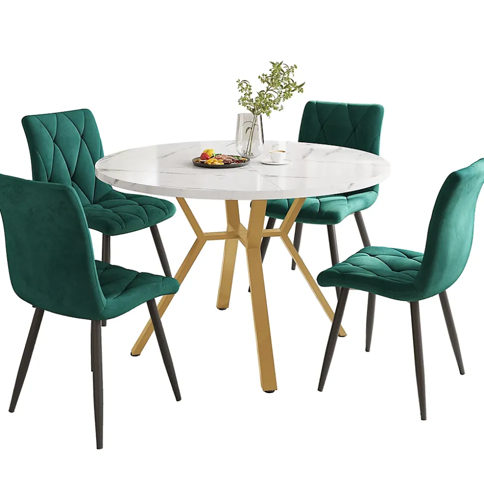 Ensemble Table et Chaises - Table Ronde et 4 Chaises Velours, Salle à Manger Moderne, Blanc et Vert