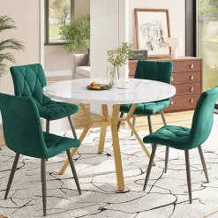Ensemble Table et Chaises - Table Ronde et 4 Chaises Velours, Salle à Manger Moderne, Blanc et Vert
