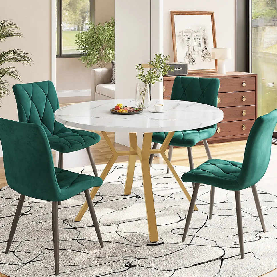 Ensemble Table et Chaises - Table Ronde et 4 Chaises Velours, Salle à Manger Moderne, Blanc et Vert
