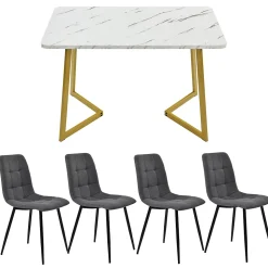 Ensemble table et chaises 117x75x75 cm table rectangulaire plateau MDF effet marbre avec 4 chaises assise en lin