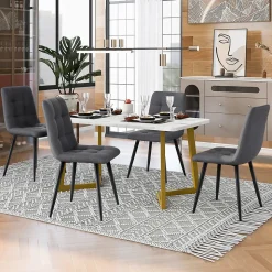 Ensemble table et chaises 117x75x75 cm table rectangulaire plateau MDF effet marbre avec 4 chaises assise en lin