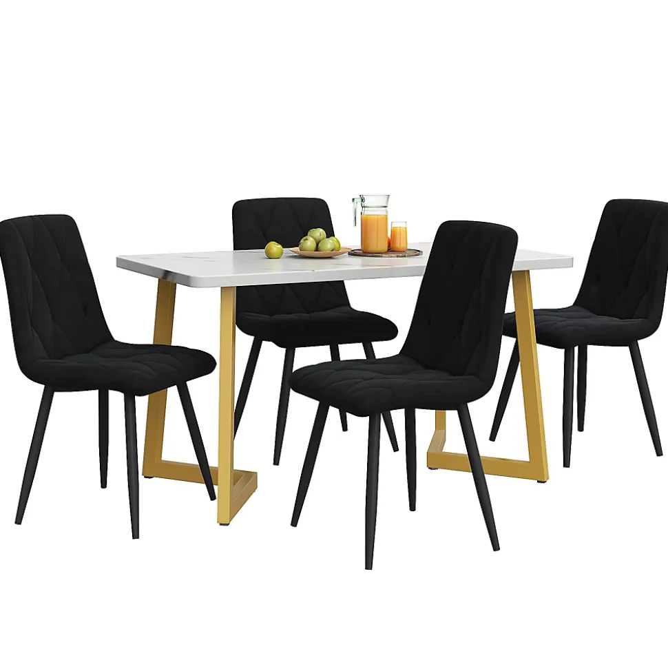 Ensemble table et chaises 117x68x75 cm rectangulaire en MDF avec 4 chaises velours noir, pieds métal doré