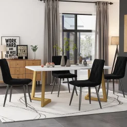 Ensemble table et chaises 117x68x75 cm rectangulaire en MDF avec 4 chaises velours noir, pieds métal doré