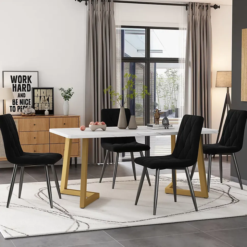 Ensemble table et chaises 117x68x75 cm rectangulaire en MDF avec 4 chaises velours noir, pieds métal doré