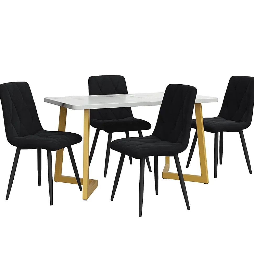 Ensemble table et chaises 117x68x75 cm rectangulaire en MDF avec 4 chaises velours noir, pieds métal doré
