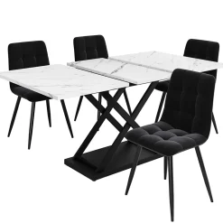 Ensemble table et chaises 120x80x75 cm extensible 160x80 cm avec 4 chaises en velours, structure métal moderne