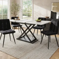 Ensemble table et chaises 120x80x75 cm extensible 160x80 cm avec 4 chaises en velours, structure métal moderne