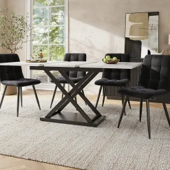 Ensemble table et chaises 120x80x75 cm extensible 160x80 cm avec 4 chaises en velours, structure métal moderne