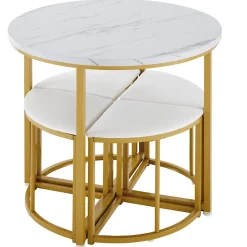 Ensemble Table et Chaises de Salle à Manger pour 4 Personnes, Table Blanche avec Chaises en Velours et Pieds Dorés, 80x80x75 cm