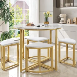 Ensemble Table et Chaises de Salle à Manger pour 4 Personnes, Table Blanche avec Chaises en Velours et Pieds Dorés, 80x80x75 cm