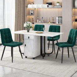Ensemble table et chaises 150x80x76 cm avec 4 chaises assise rembourrée en velours, pieds métal