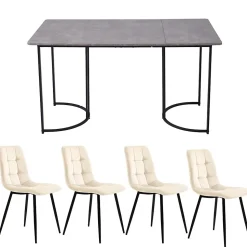 Ensemble table et chaises 140x80x75 cm avec 4 chaises velours gris, plateau MDF effet marbre et pieds métal