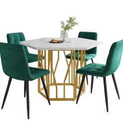 Ensemble table et chaises 115,5x100x75 cm table hexagonale marbré avec 4 chaises velours vert, piètement métal