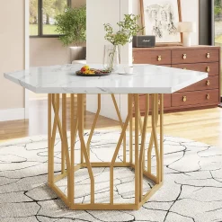 Ensemble table et chaises 115,5x100x75 cm table hexagonale marbré avec 4 chaises velours vert, piètement métal