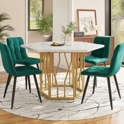Ensemble table et chaises 115,5x100x75 cm table hexagonale marbré avec 4 chaises velours vert, piètement métal