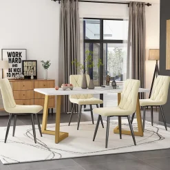 Ensemble Table et Chaises - Table Rectangulaire et Chaises Velours, Pieds Métal Doré, MDF Salle à Manger, 117x68x75 cm, Beige