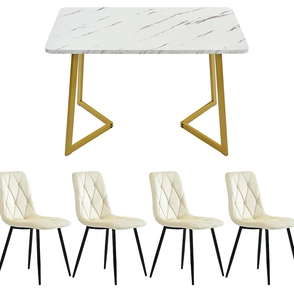 Ensemble Table et Chaises - Table Rectangulaire et Chaises Velours, Pieds Métal Doré, MDF Salle à Manger, 117x68x75 cm, Beige