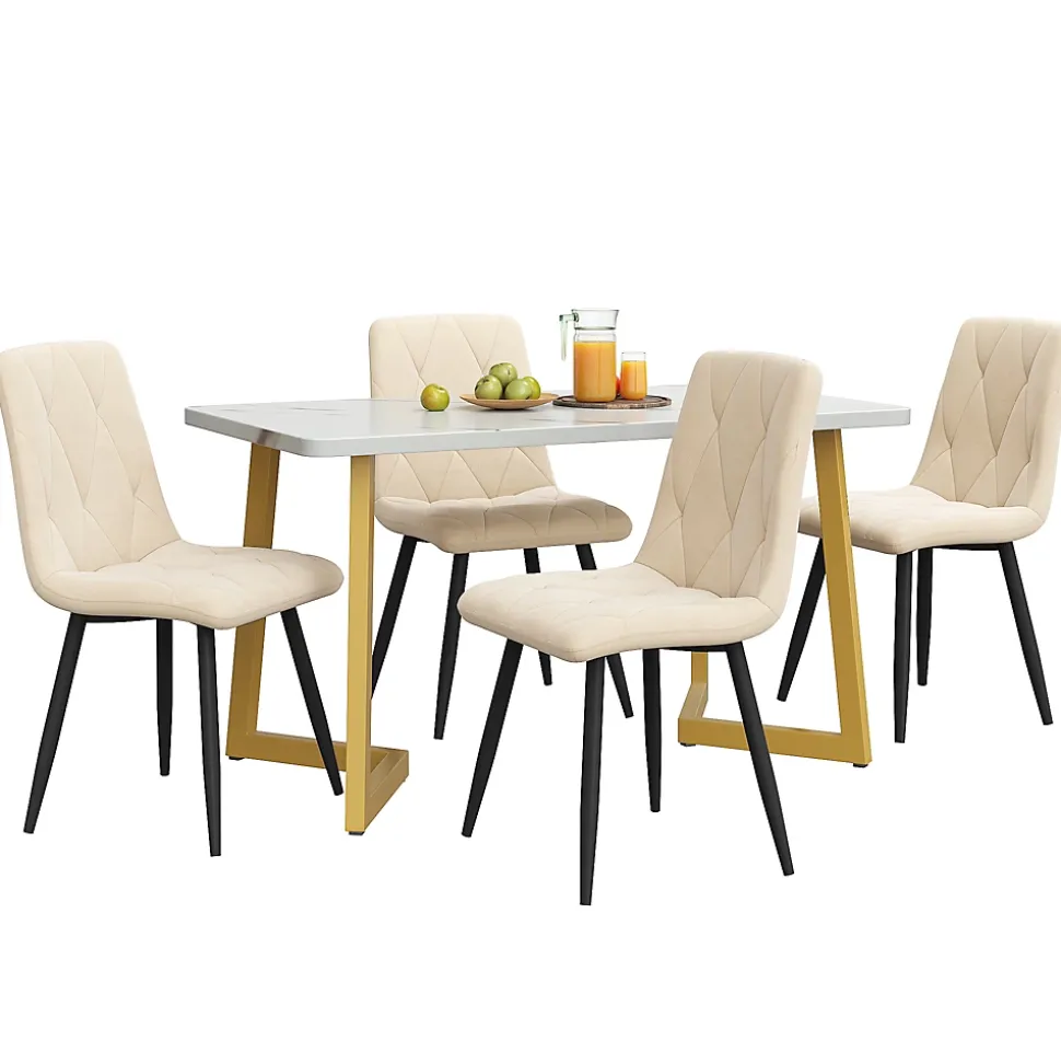 Ensemble Table et Chaises - Table Rectangulaire et Chaises Velours, Pieds Métal Doré, MDF Salle à Manger, 117x68x75 cm, Beige