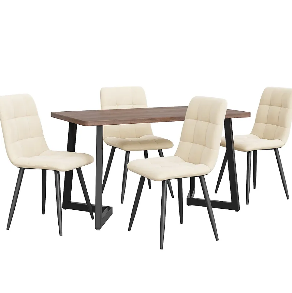 Ensemble Table et Chaises, Ensemble Table Rectangulaire et Chaises Velours, Table MDF Métal, Noyer/Beige 117x68x75 cm