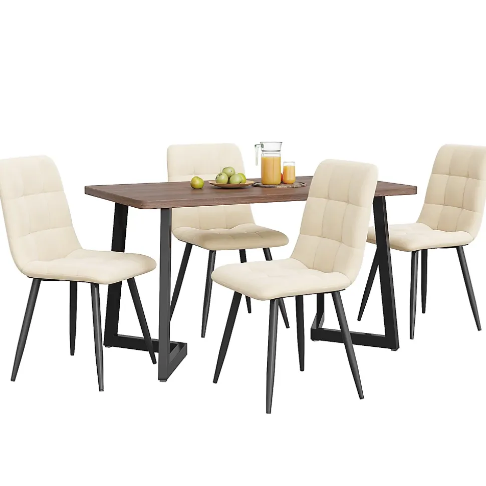 Ensemble Table et Chaises, Ensemble Table Rectangulaire et Chaises Velours, Table MDF Métal, Noyer/Beige 117x68x75 cm